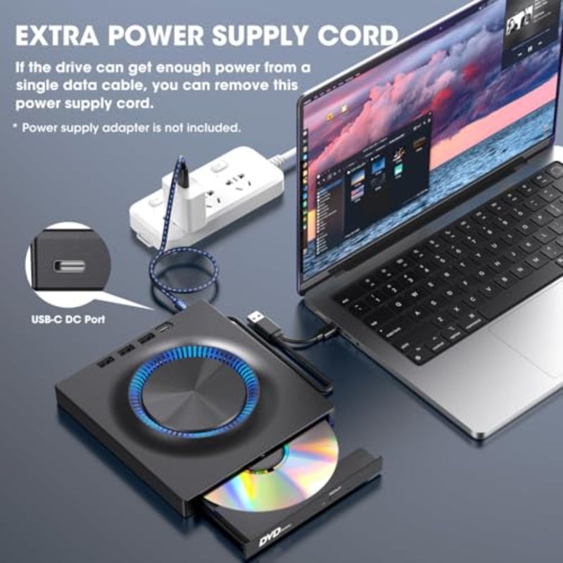 مشغل محرك أقراص DVD خارجي للكمبيوتر المحمول USB-C CD/DVD Burner +/-RW Reader Writer محرك أقراص محمول مع محور USB 3.0 وفتحة بطاقة SD لأجهزة Apple Mac Windows 11/10/8/7 Linux PC الكمبيوتر المحمول - Image 5
