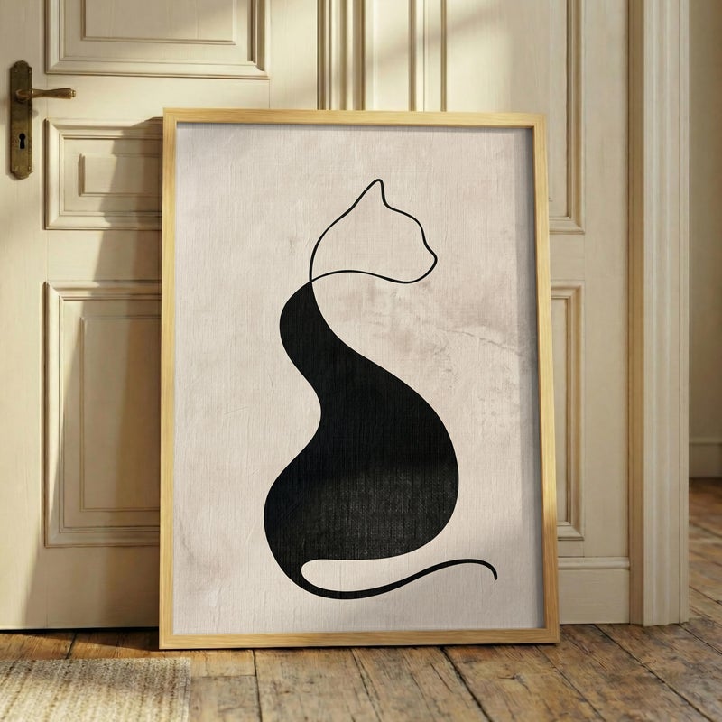 TNESSENTIAL Black Cat Line Art – Abstract Feline Print, Minimalist Wall Decor, Neutral Boho Poster, Beige Japandi Art, Modern Cat Silhouette - Image 1