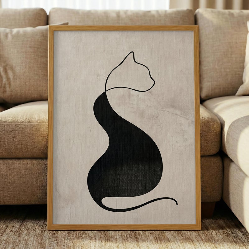 TNESSENTIAL Black Cat Line Art – Abstract Feline Print, Minimalist Wall Decor, Neutral Boho Poster, Beige Japandi Art, Modern Cat Silhouette - Image 5