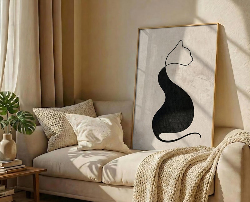 TNESSENTIAL Black Cat Line Art – Abstract Feline Print, Minimalist Wall Decor, Neutral Boho Poster, Beige Japandi Art, Modern Cat Silhouette - Image 3