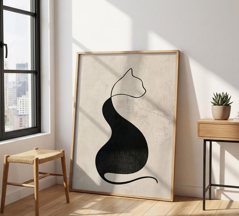 TNESSENTIAL Black Cat Line Art – Abstract Feline Print, Minimalist Wall Decor, Neutral Boho Poster, Beige Japandi Art, Modern Cat Silhouette - Image 4