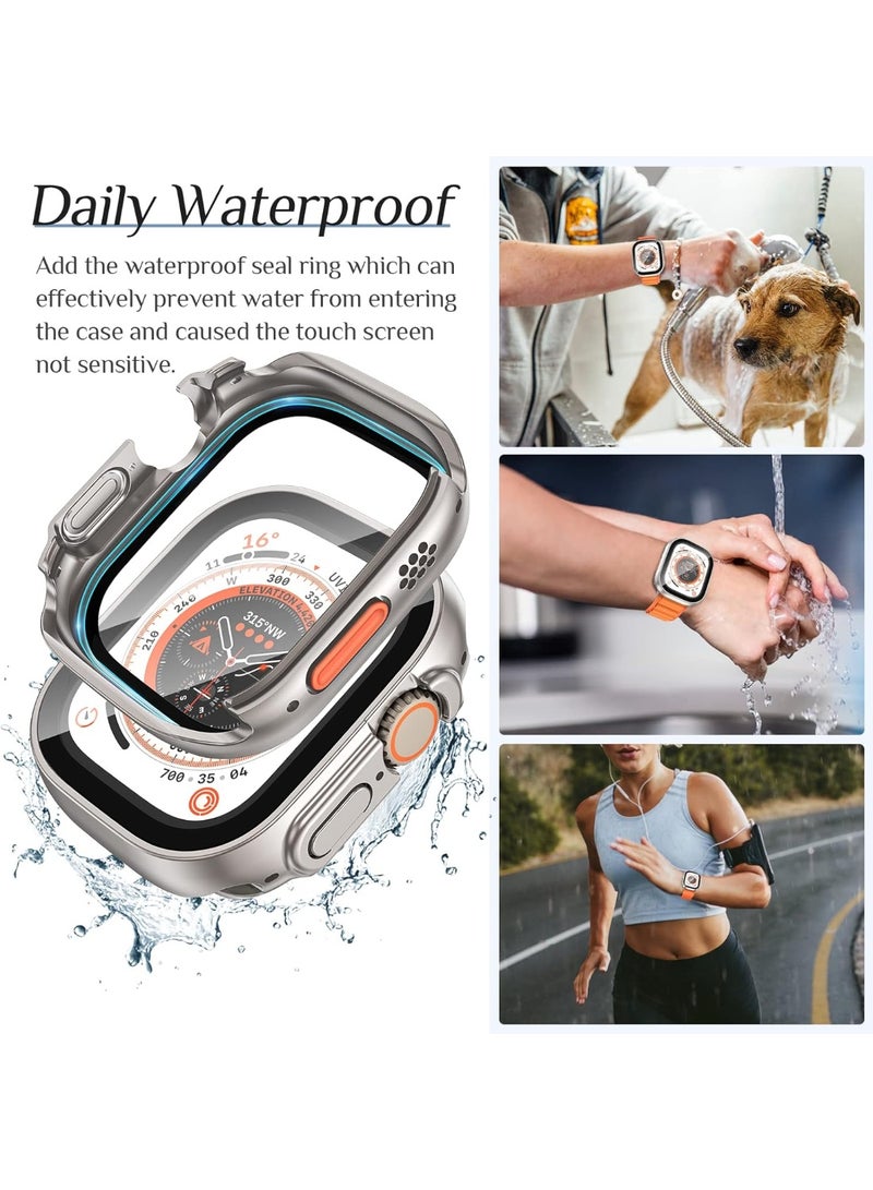 أوليسون 2 في 1 قضية صلبة مقاومة للماء لـ Apple Watch Ultra 3/2/1 حامي الشاشة 49 مم ، 360 درجة رقيقة كاملة واقية غطاء الوجه الزجاجي المقوى + ظهر حاجز الكمبيوتر الشخصي الصلب لـ iWatch Ultra 3 / Ultra 2 / Ultra ، 49 مم التيتانيوم - Image 4