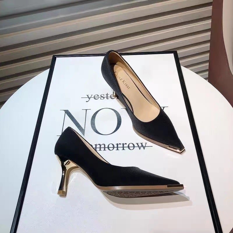 High Heels Women'S 2025 Autum New Fashion Metal Pointed Toe Shallow Mouth Small Stiletto Shoes Commuter Professional Shoes - Image 4