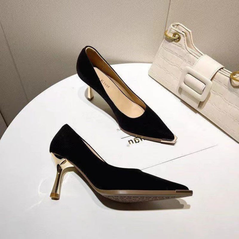 High Heels Women'S 2025 Autum New Fashion Metal Pointed Toe Shallow Mouth Small Stiletto Shoes Commuter Professional Shoes - Image 1