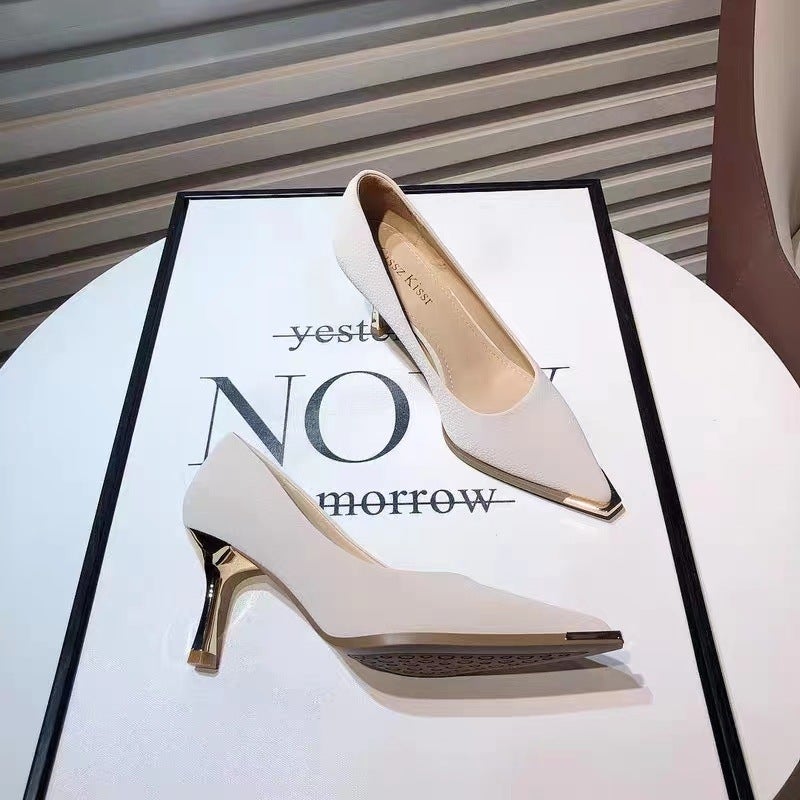High Heels Women'S 2025 Autum New Fashion Metal Pointed Toe Shallow Mouth Small Stiletto Shoes Commuter Professional Shoes - Image 3