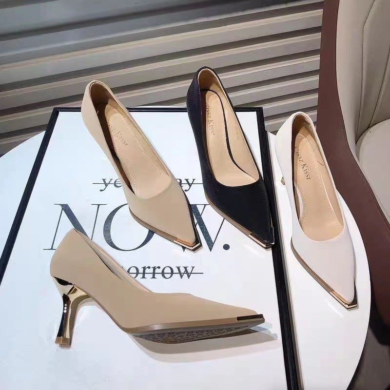 High Heels Women'S 2025 Autum New Fashion Metal Pointed Toe Shallow Mouth Small Stiletto Shoes Commuter Professional Shoes - Image 5