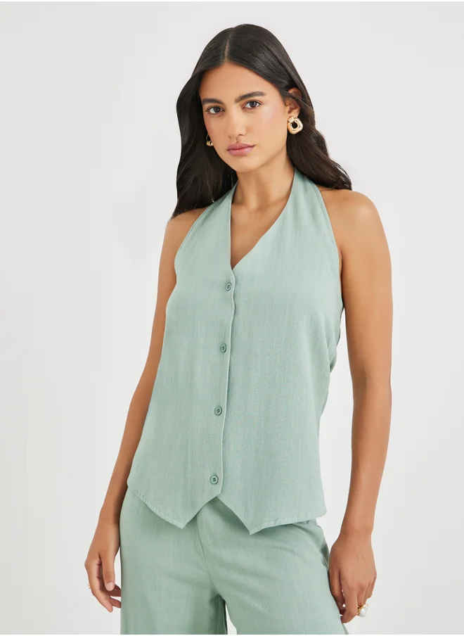 ستايلي Styli Solid Halter Neck Buttoned Waistcoat