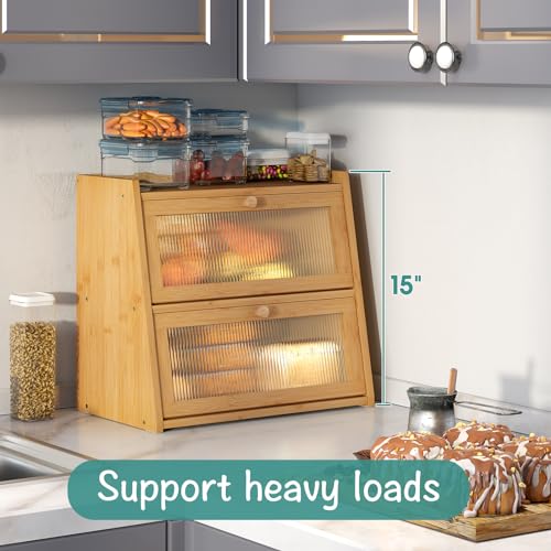 viewcare Bread Box for Kitchen Counter, Double Layer Large Bamboo Wood Bread Box, Bamboo Bread Storage Container with Wavy Acrylic Transparent Door - Image 3