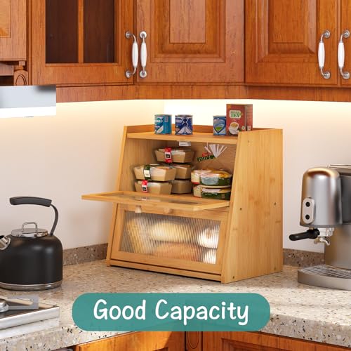 viewcare Bread Box for Kitchen Counter, Double Layer Large Bamboo Wood Bread Box, Bamboo Bread Storage Container with Wavy Acrylic Transparent Door - Image 5