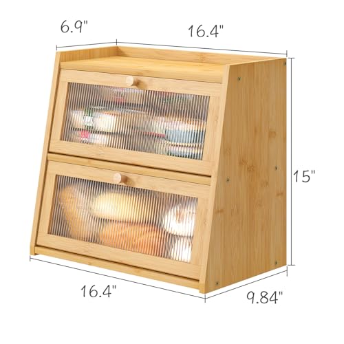 viewcare Bread Box for Kitchen Counter, Double Layer Large Bamboo Wood Bread Box, Bamboo Bread Storage Container with Wavy Acrylic Transparent Door - Image 4