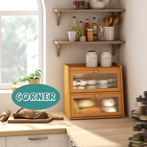 viewcare Bread Box for Kitchen Counter, Double Layer Large Bamboo Wood Bread Box, Bamboo Bread Storage Container with Wavy Acrylic Transparent Door - Image 2