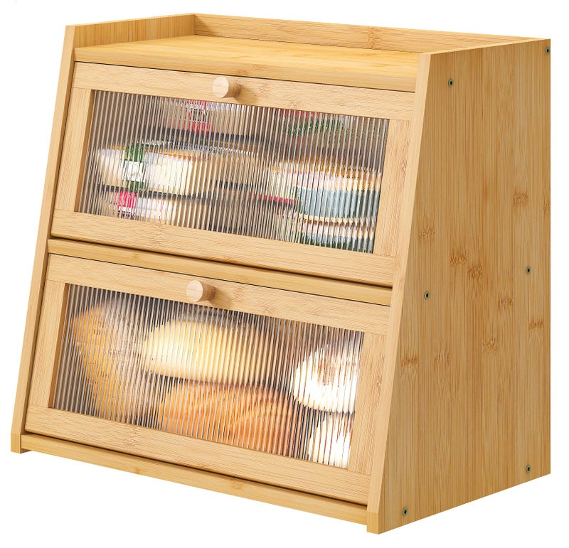 viewcare Bread Box for Kitchen Counter, Double Layer Large Bamboo Wood Bread Box, Bamboo Bread Storage Container with Wavy Acrylic Transparent Door - Image 1