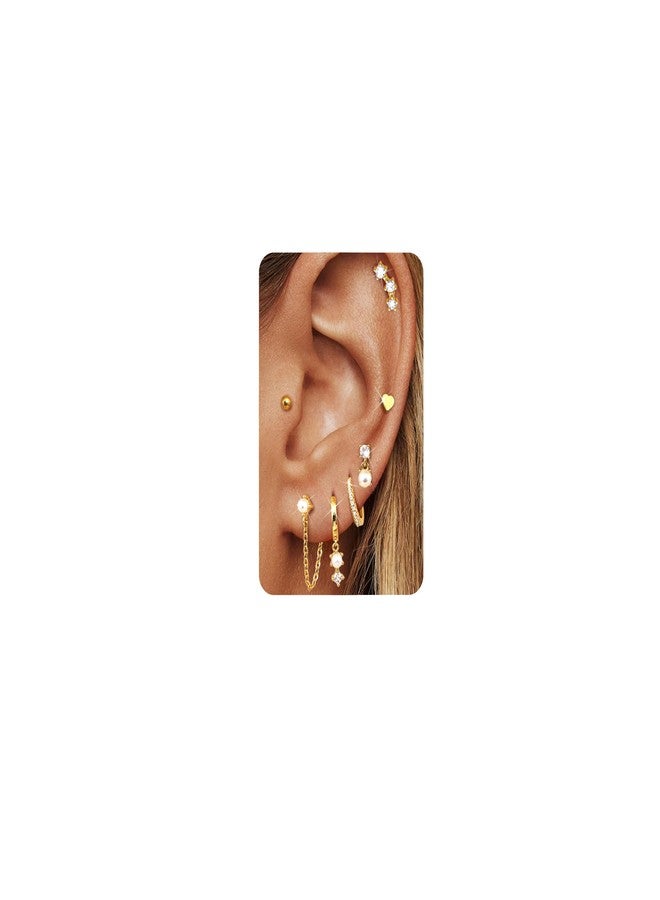 THUNARAZ 14K Gold Hoop Stud Earrings for Women Trendy Non Tarnish Stack Earrings Hypoallergenic Cartilage Earring Sets for Multiple Piercing Dainty Pearl Chain Drop Dangle Earring - Image 1