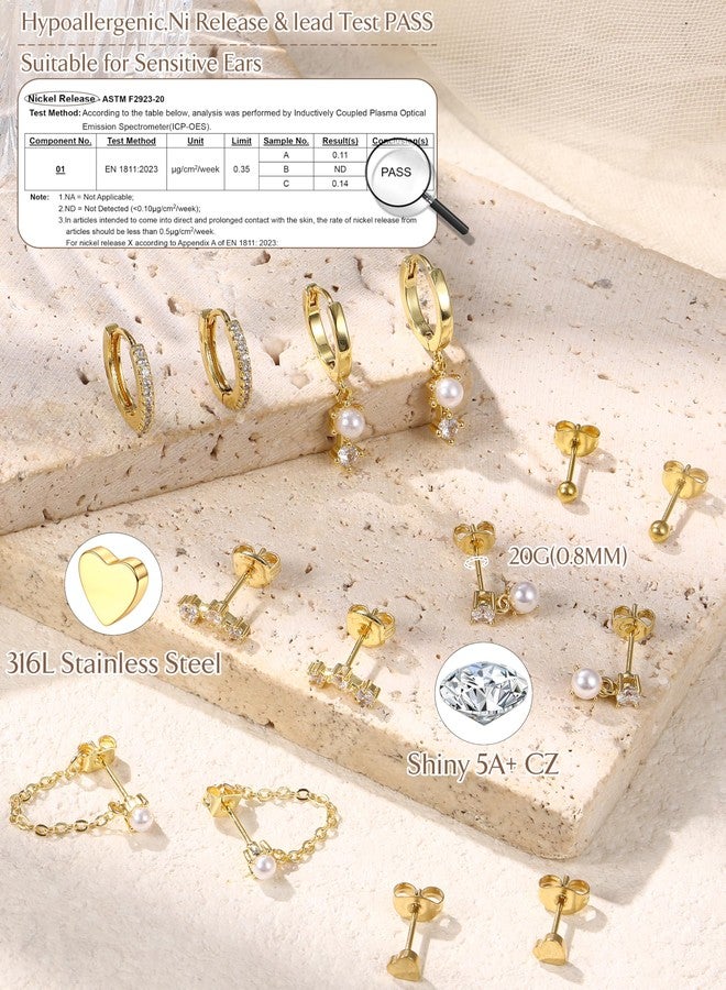THUNARAZ 14K Gold Hoop Stud Earrings for Women Trendy Non Tarnish Stack Earrings Hypoallergenic Cartilage Earring Sets for Multiple Piercing Dainty Pearl Chain Drop Dangle Earring - Image 5