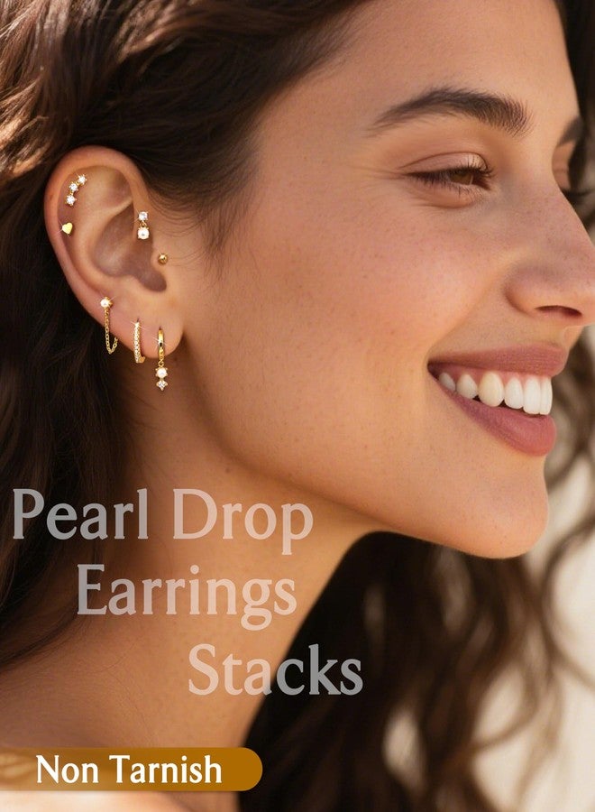 THUNARAZ 14K Gold Hoop Stud Earrings for Women Trendy Non Tarnish Stack Earrings Hypoallergenic Cartilage Earring Sets for Multiple Piercing Dainty Pearl Chain Drop Dangle Earring - Image 3