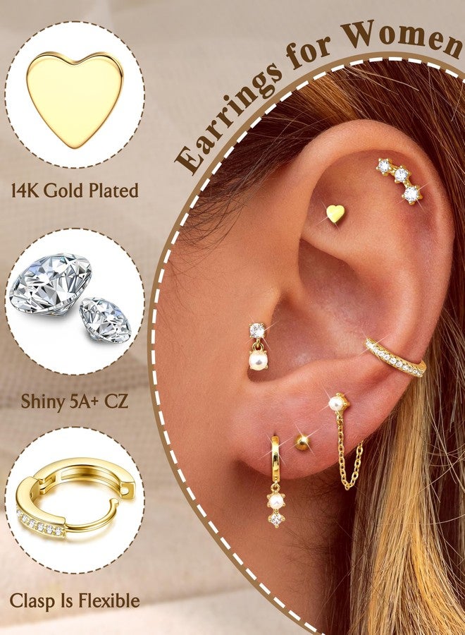 THUNARAZ 14K Gold Hoop Stud Earrings for Women Trendy Non Tarnish Stack Earrings Hypoallergenic Cartilage Earring Sets for Multiple Piercing Dainty Pearl Chain Drop Dangle Earring - Image 2