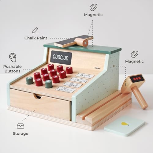 PairPear Wooden Toy Cash Register,Kids Pretend Play Money Counting Toys with Scanner and Credit Card,Toddler Cashier Toy Grocery Play Food Accessory for Pre-School Gift Boys Girls 3+ - Image 5