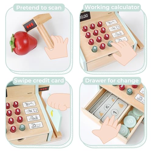 PairPear Wooden Toy Cash Register,Kids Pretend Play Money Counting Toys with Scanner and Credit Card,Toddler Cashier Toy Grocery Play Food Accessory for Pre-School Gift Boys Girls 3+ - Image 4
