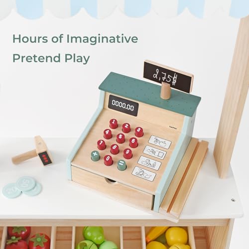 PairPear Wooden Toy Cash Register,Kids Pretend Play Money Counting Toys with Scanner and Credit Card,Toddler Cashier Toy Grocery Play Food Accessory for Pre-School Gift Boys Girls 3+ - Image 2