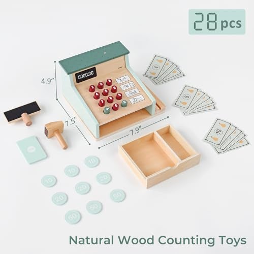 PairPear Wooden Toy Cash Register,Kids Pretend Play Money Counting Toys with Scanner and Credit Card,Toddler Cashier Toy Grocery Play Food Accessory for Pre-School Gift Boys Girls 3+ - Image 3