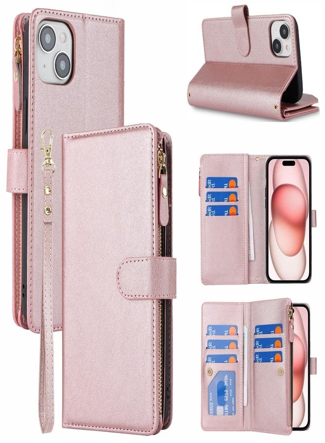 Jaorty Wallet Case for iPhone 15 Plus with Strap,iPhone 15 Plus Case Wallet for Women Men,[9 Card Slots] [Wrist Strap] Zipper Cash Pocket Magnetic Leather Cover Shockproof Case,6.7 inch Rosegold - Image 1