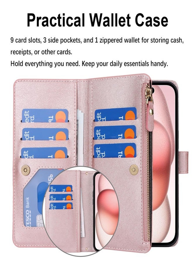 Jaorty Wallet Case for iPhone 15 Plus with Strap,iPhone 15 Plus Case Wallet for Women Men,[9 Card Slots] [Wrist Strap] Zipper Cash Pocket Magnetic Leather Cover Shockproof Case,6.7 inch Rosegold - Image 3