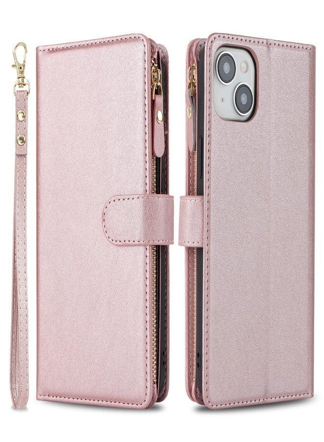Jaorty Wallet Case for iPhone 15 Plus with Strap,iPhone 15 Plus Case Wallet for Women Men,[9 Card Slots] [Wrist Strap] Zipper Cash Pocket Magnetic Leather Cover Shockproof Case,6.7 inch Rosegold - Image 4