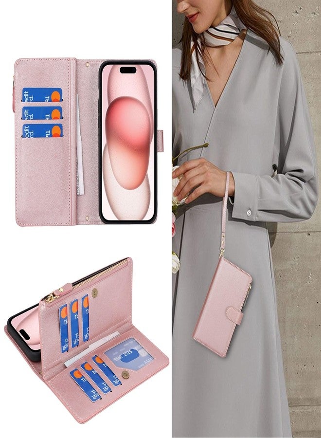 Jaorty Wallet Case for iPhone 15 Plus with Strap,iPhone 15 Plus Case Wallet for Women Men,[9 Card Slots] [Wrist Strap] Zipper Cash Pocket Magnetic Leather Cover Shockproof Case,6.7 inch Rosegold - Image 5