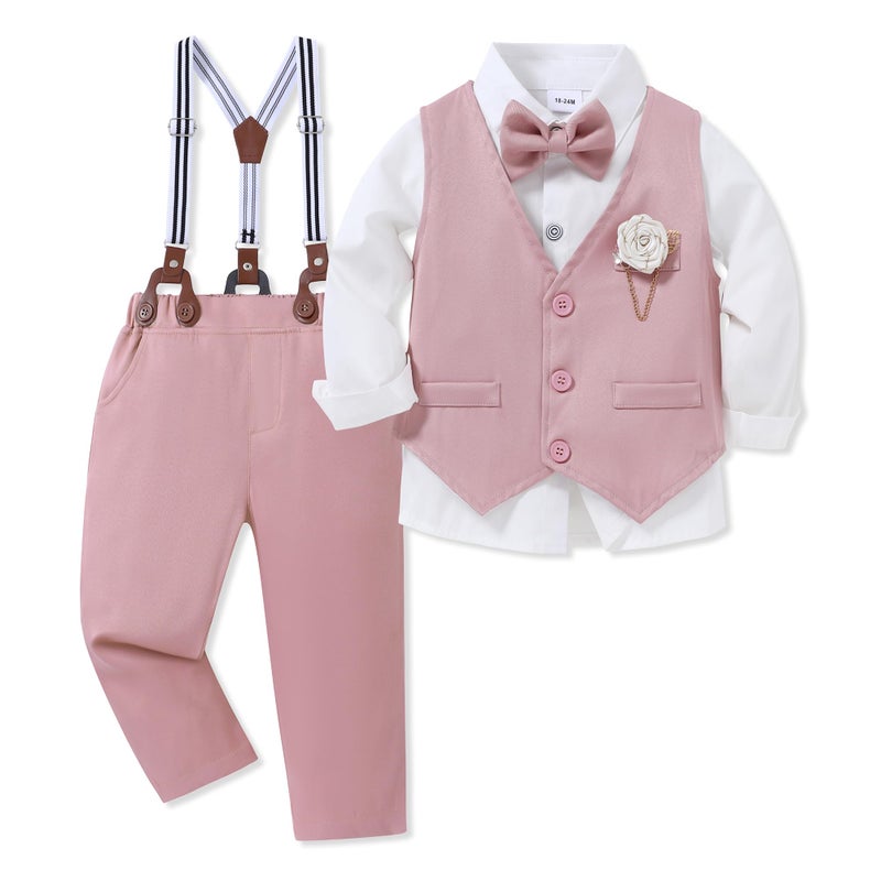 WESIDOM Toddler Boy Clothes Suit Formal Dress Shirt+Bowtie+Vest+Boutonniere+Suspender Pants Boys Gentleman Outfits Set Pink - Image 1