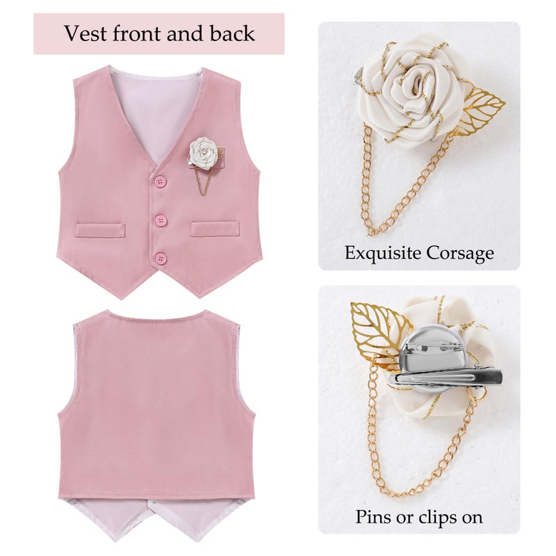 WESIDOM Toddler Boy Clothes Suit Formal Dress Shirt+Bowtie+Vest+Boutonniere+Suspender Pants Boys Gentleman Outfits Set Pink - Image 4