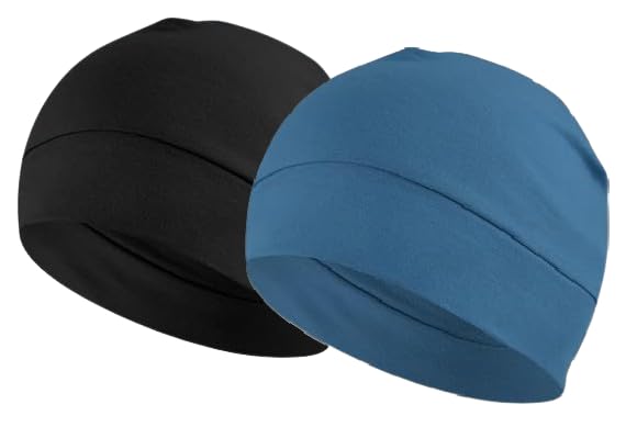 PAROPKAR 100% Cotton Lycra Skull Caps Lightweight Beanie Sleep Hats Breathable Helmet Liner Cap Cycling Hat Cap for Men and Women (Black Turquoise Blue) - Image 1