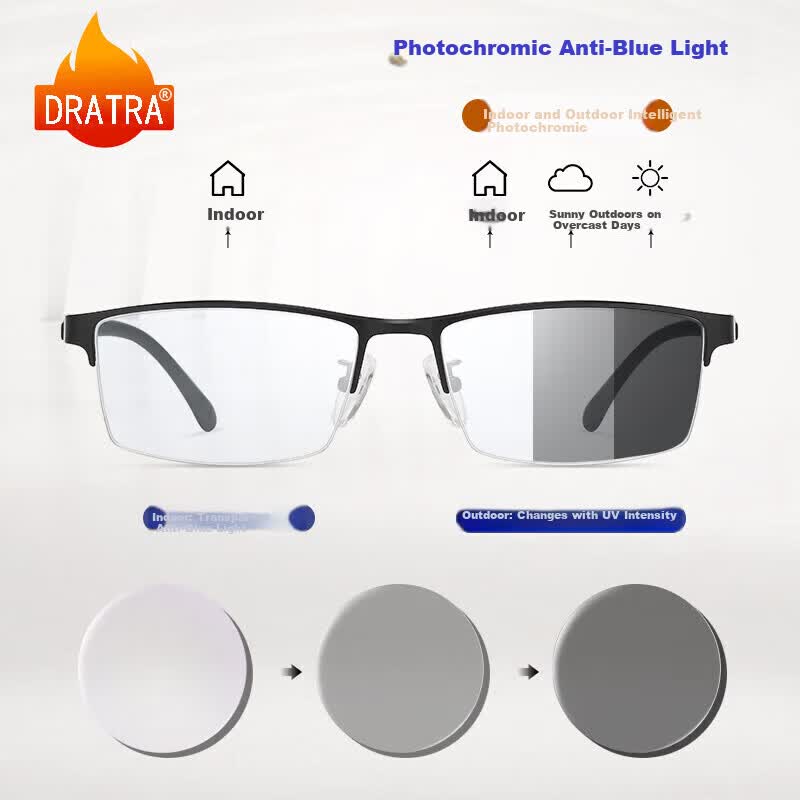 JD Jing Zao DRATRA Semi-Rimless Nearsighted Glasses for Men with Anti-Blue Light Radiation Protection, Optical Frame, Prescription Lenses Available, Astigmatism Correction, Photochromic Lenses, Business Style - Image 3