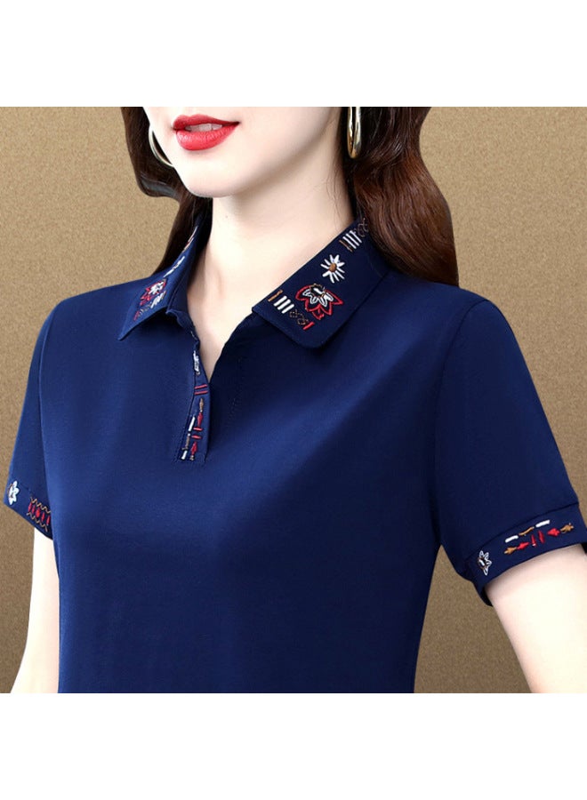 【95 Cotton 5 Spandex】fashionable And Stylish Turn-down Collar Slim-fit Short-sleeved Summer Wear, Versatile And Simple Casual Embroidered T-shirt