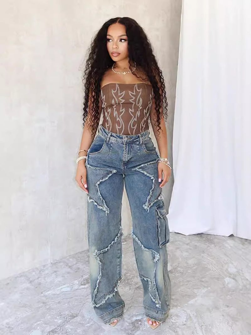 2024 Jeans Star Tassel Fringe Loose Straight Casual Pants Women - Image 2