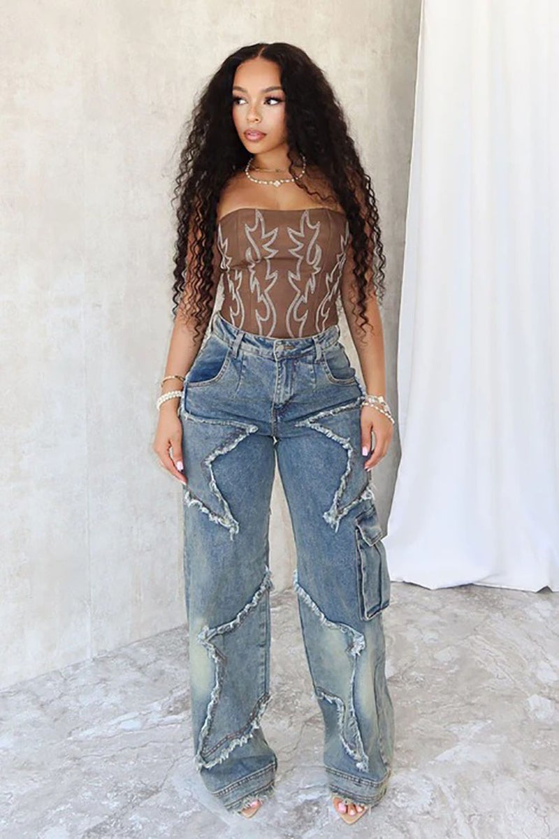2024 Jeans Star Tassel Fringe Loose Straight Casual Pants Women - Image 1