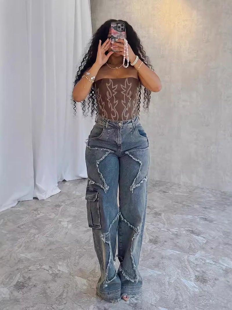 2024 Jeans Star Tassel Fringe Loose Straight Casual Pants Women - Image 5