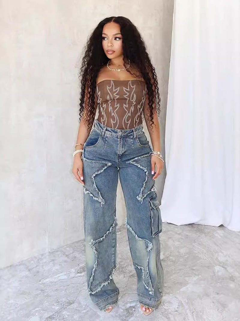 2024 Jeans Star Tassel Fringe Loose Straight Casual Pants Women - Image 3