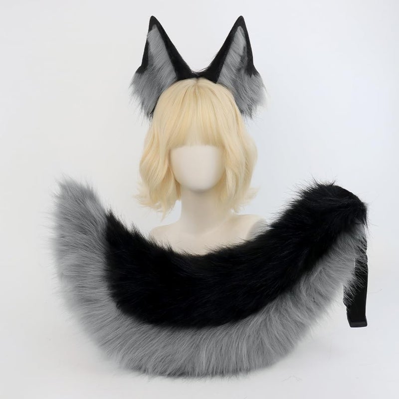 QinRuan Faux Fur Wolf Ears Headband Furry Dog Tail Set Animal Coustume Cospaly Halloween Party - Image 2