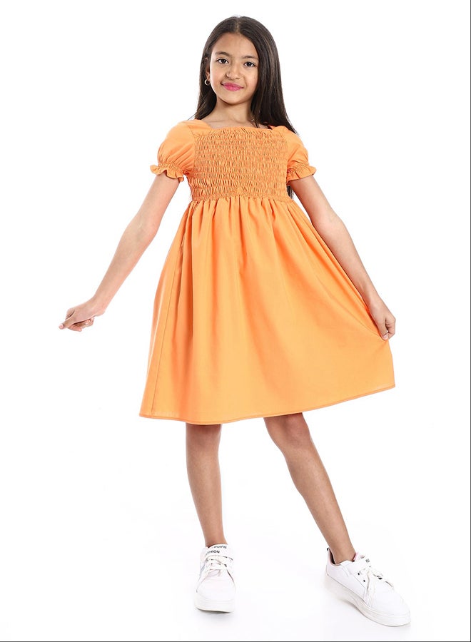 Andora Short Puffed Sleeves Square Neck Orange Girls Dress - Image 1