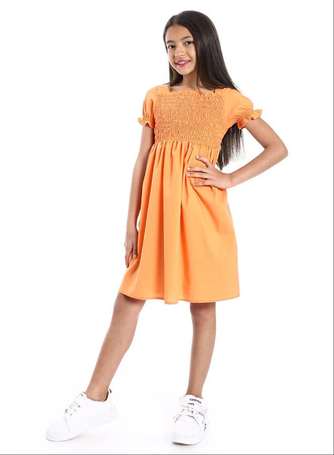 Andora Short Puffed Sleeves Square Neck Orange Girls Dress - Image 2