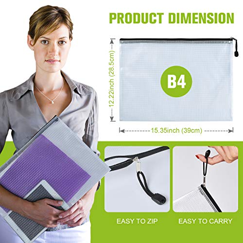 ASTEN 12 Pcs Plastic Mesh Zip File Bags, Waterproof Tear-Resistant Document File Folders, B4 Size Zipper Documents Pouch Document Organizer Bags for School Office Home Travel Storage(15.35×11.22Inch) - Image 3