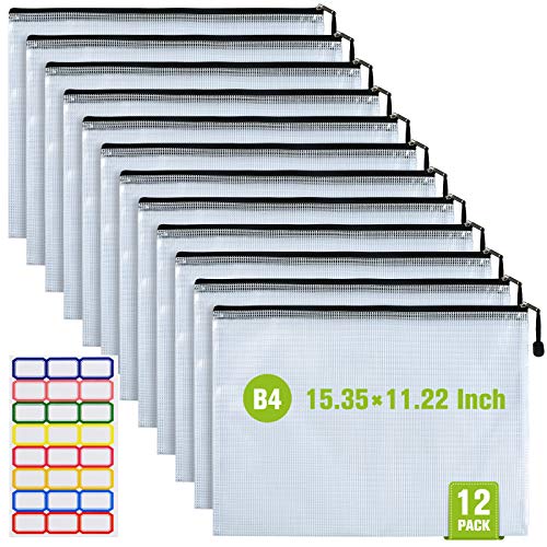ASTEN 12 Pcs Plastic Mesh Zip File Bags, Waterproof Tear-Resistant Document File Folders, B4 Size Zipper Documents Pouch Document Organizer Bags for School Office Home Travel Storage(15.35×11.22Inch) - Image 1
