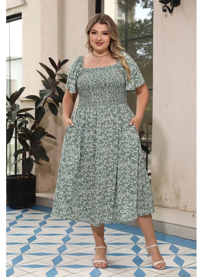 Nemidor Womens Plus Size Dress Smocked Boho Print for Summer Midi Long Length with Pocket NEM594, Green Print, 18 Plus - Image 3