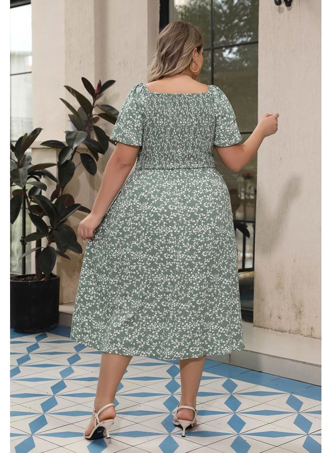 Nemidor Womens Plus Size Dress Smocked Boho Print for Summer Midi Long Length with Pocket NEM594, Green Print, 18 Plus - Image 2