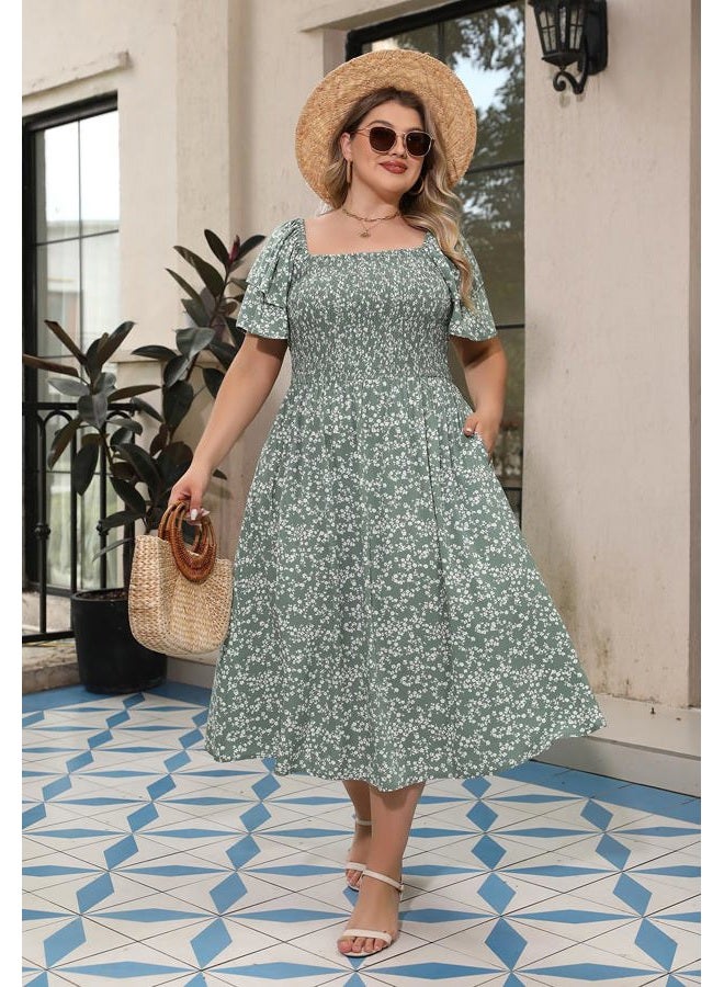 Nemidor Womens Plus Size Dress Smocked Boho Print for Summer Midi Long Length with Pocket NEM594, Green Print, 18 Plus - Image 4