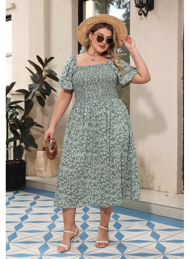 Nemidor Womens Plus Size Dress Smocked Boho Print for Summer Midi Long Length with Pocket NEM594, Green Print, 18 Plus - Image 5