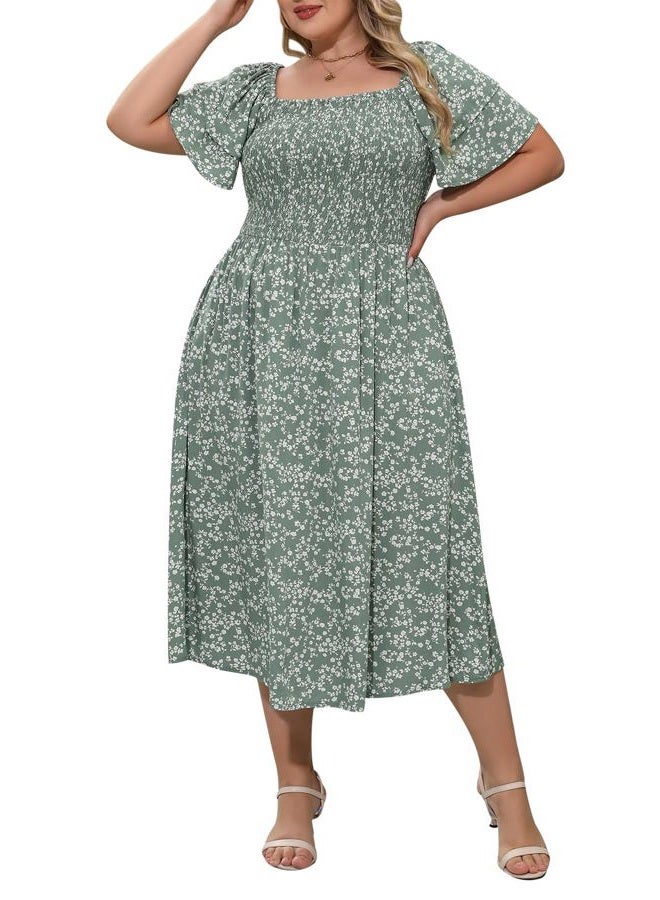 Nemidor Womens Plus Size Dress Smocked Boho Print for Summer Midi Long Length with Pocket NEM594, Green Print, 18 Plus - Image 1