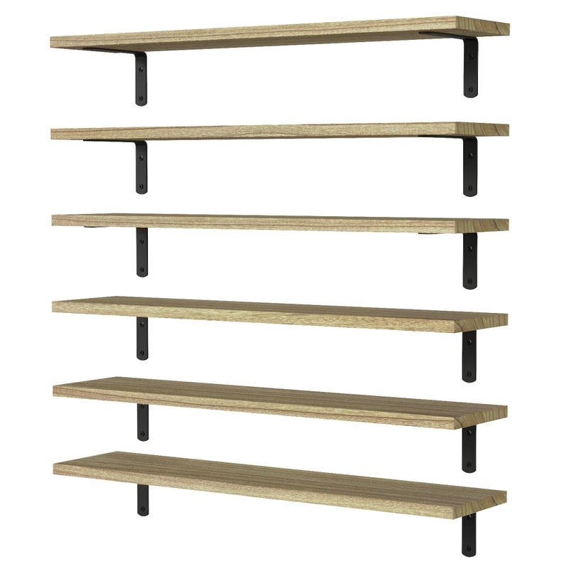 WOPITUES Wood Floating Shelves Set of 6, 24 inch Long Floating Shelves for Wall Decor, Farmhouse Shelf for Bedroom, Bathroom Storage Shelves, Book Shelves for Living Room - Rustic Brown - Image 1