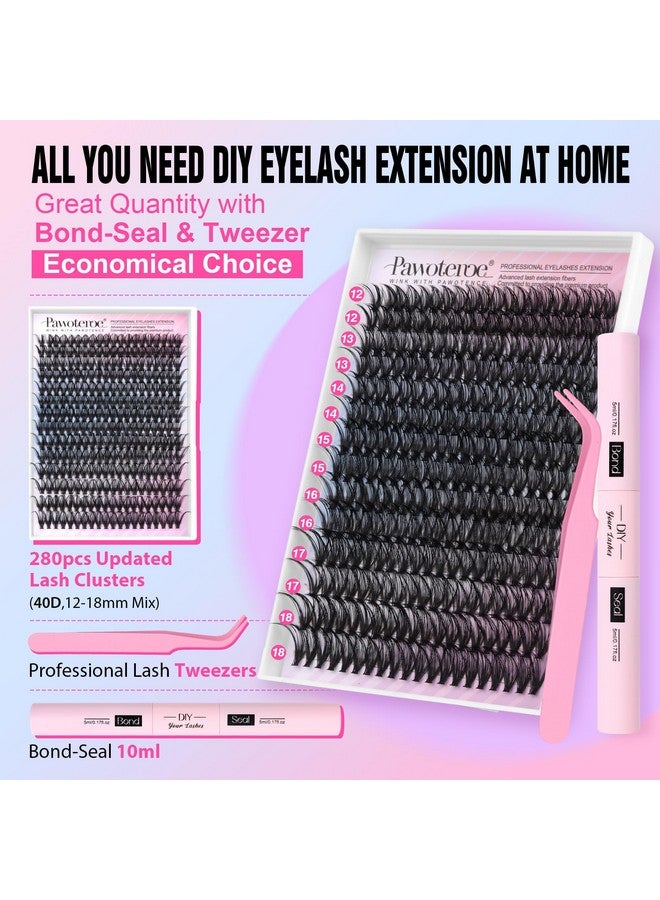 Pawotence Lash Extension Kit DIY 40D 12-18mm Individual Lashes Clusters Kit 280pcs Cluster Eyelash Extensions Kit with Lash Bond and Seal, Tweezers for Self Application (Long 40D, 12-18mm, Kit) - Image 1