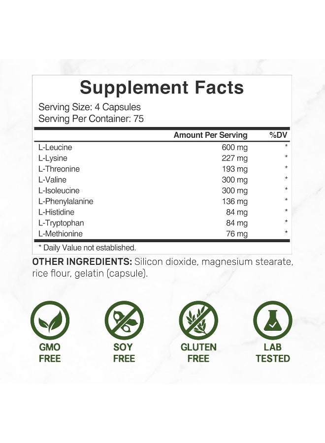 DEAL SUPPLEMENT الأحماض الأمينية الأساسية (EAA) 2000 ملغ لكل حصة، 300 كبسولة - بدون نكهة - 9 في 1، جميع BCAAs (الأحماض الأمينية ذات السلسلة المتفرعة) - دعم العضلات النحيفة ومكمل طبيعي قبل التمرين - Image 2